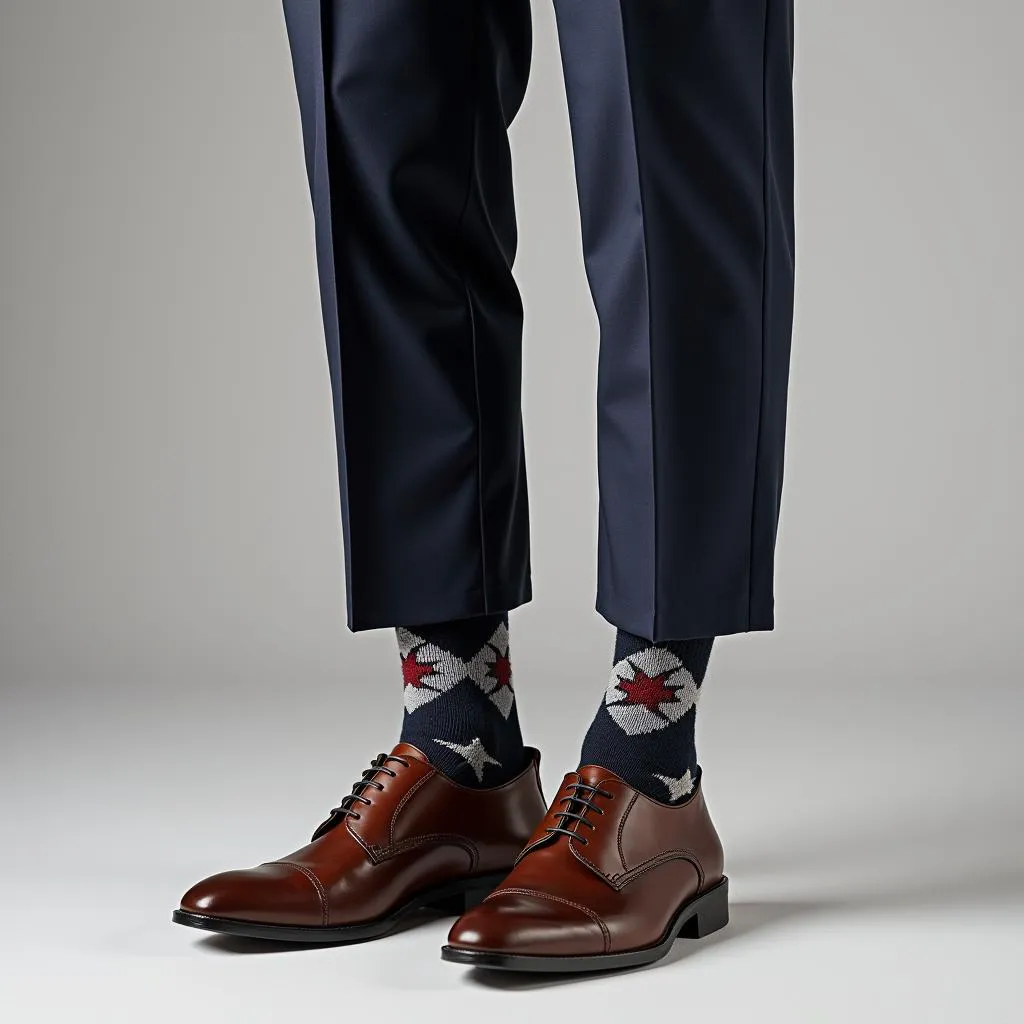 Men wearing navy suit, brown shoes, and patterned socks