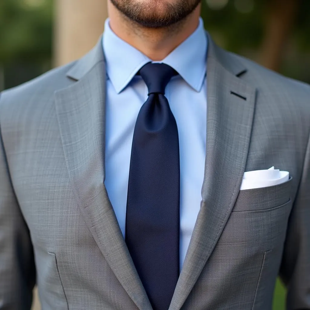 Man in Grey Suit, Blue Shirt, and Navy Tie