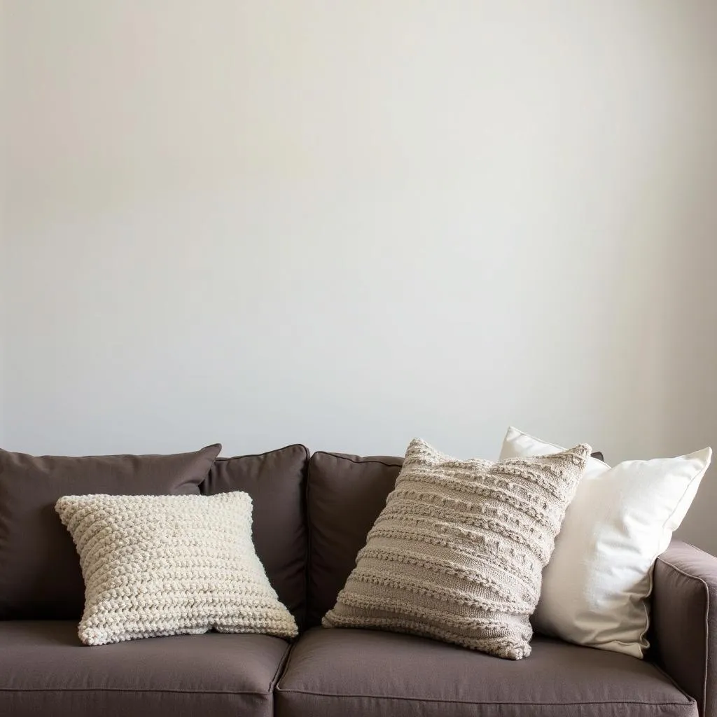 Neutral color palette pillows on a dark brown couch