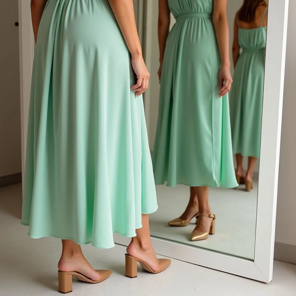 Woman in a flowing mint green dress accessorizing with nude heels