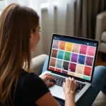 Woman browsing Wella Color Touch shades on a laptop