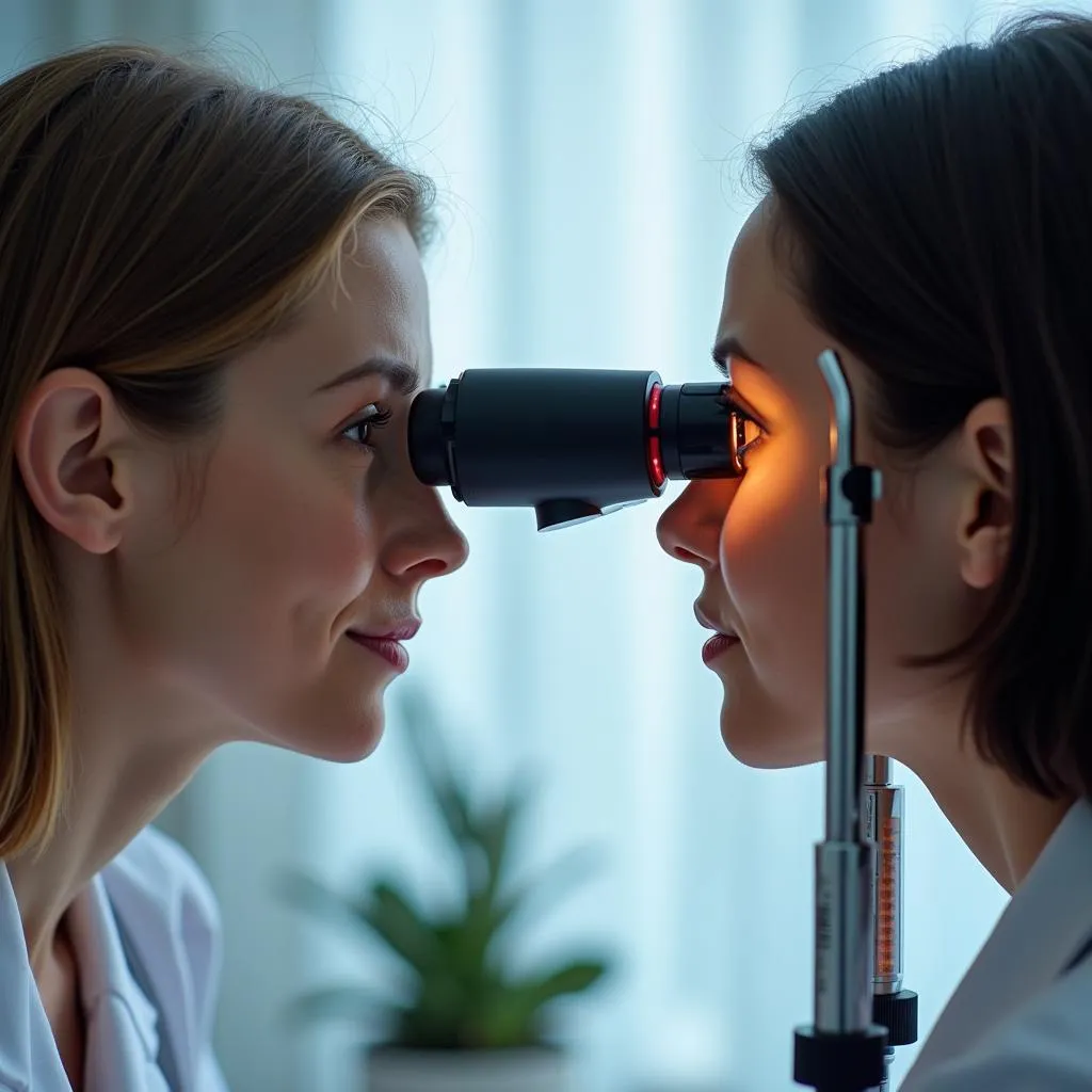 Ophthalmologist using specialized equipment to examine a patient's eyes