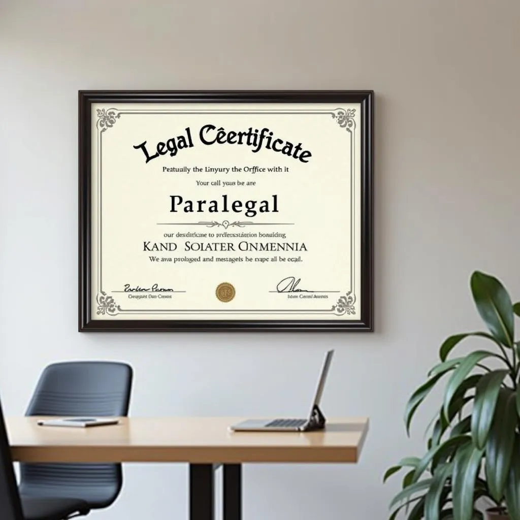 Proudly displayed paralegal certificate signifies professional achievement