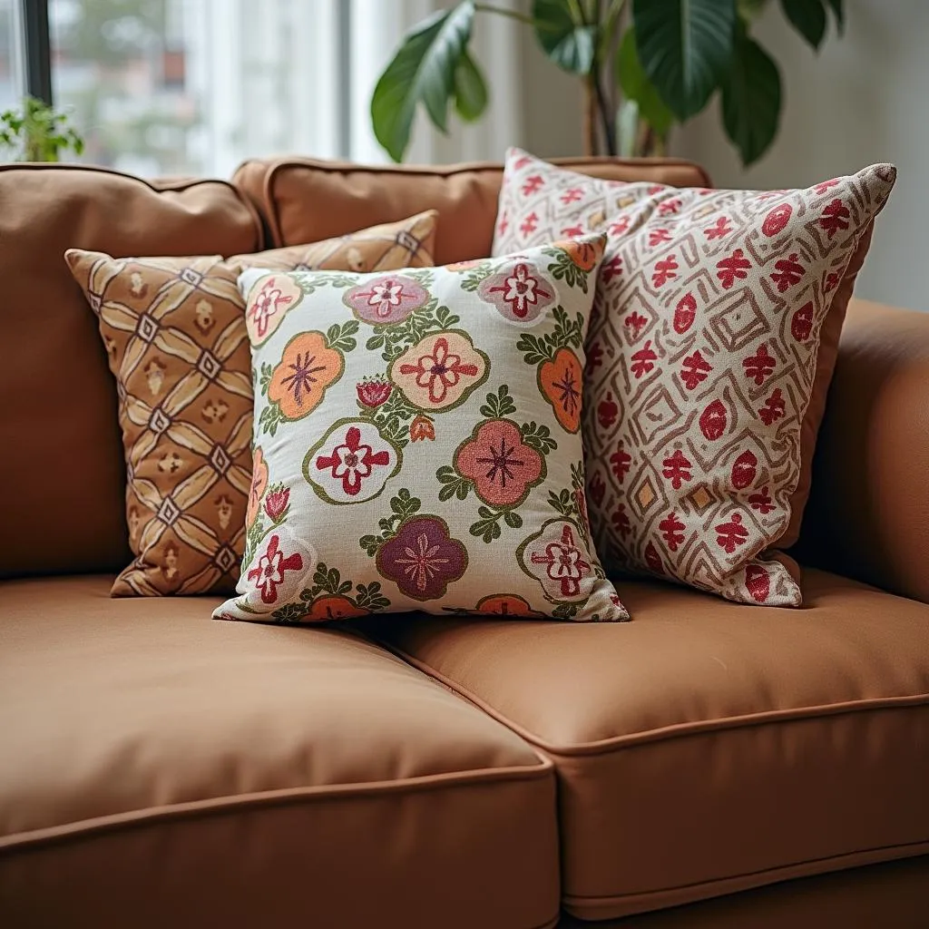 An array of patterned throw pillows on a solid brown couch