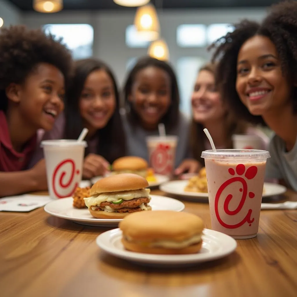 Group of friends enjoying Chick-fil-A meal with sauce