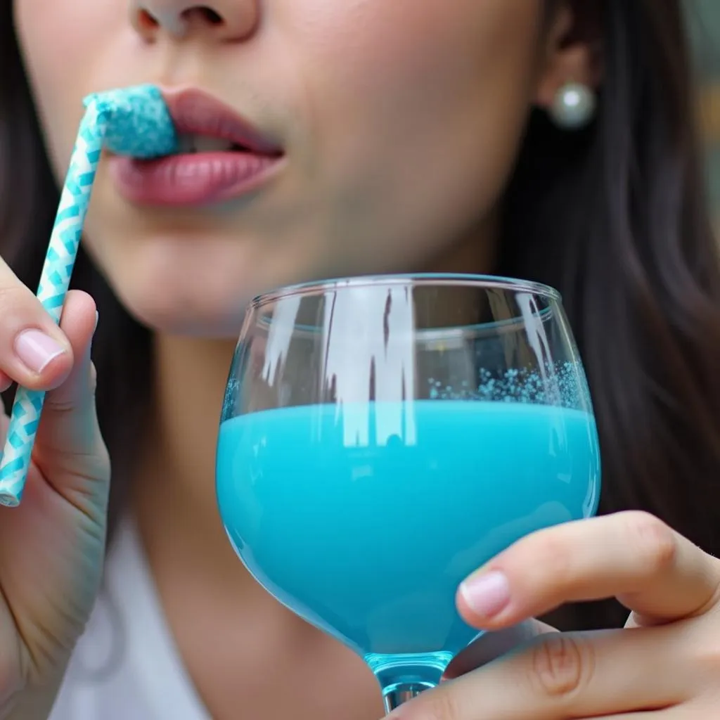 A person enjoying a blue cocktail