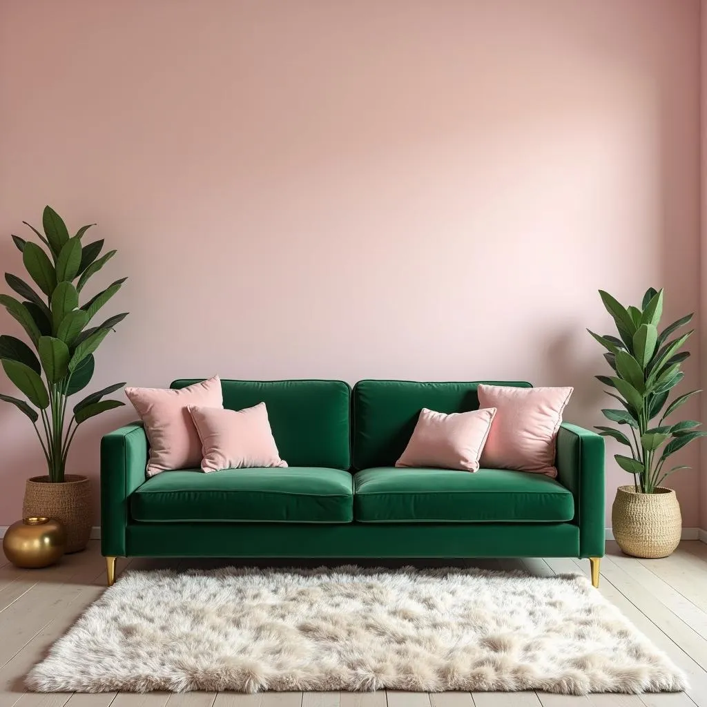 A stylish living room with pink walls and green accents