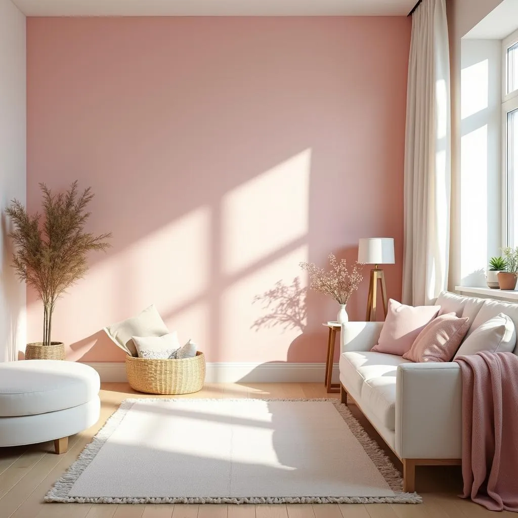 A serene living room with pink accents