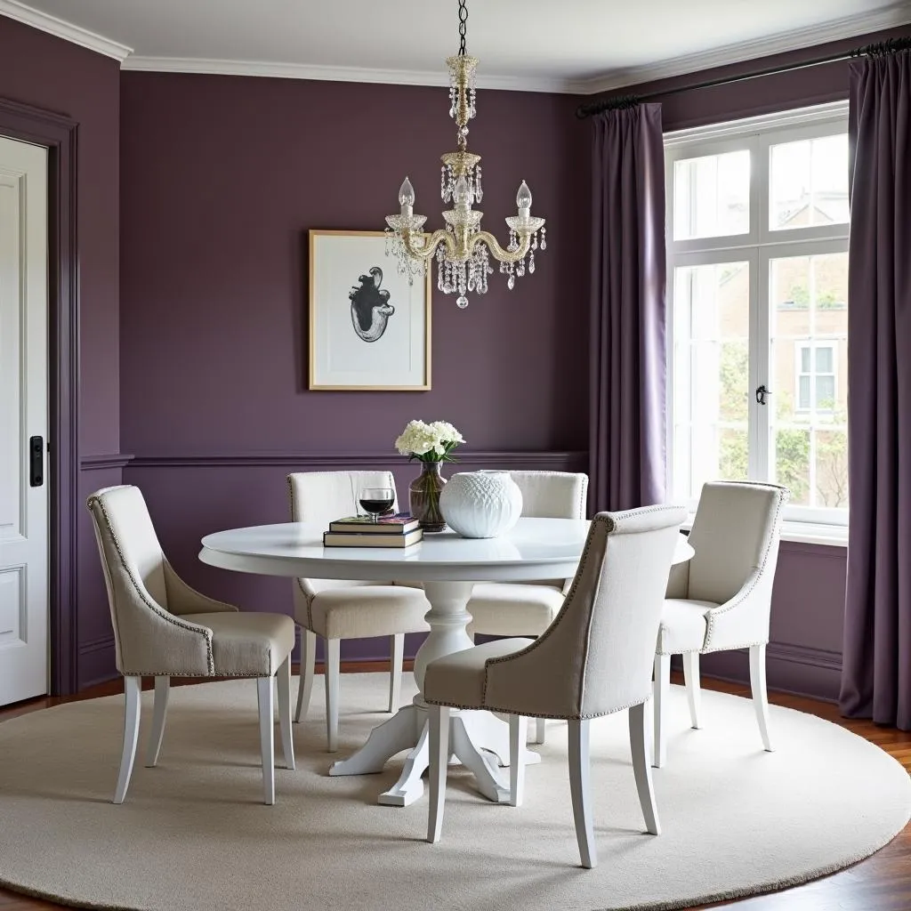 Plum purple and neutral color palette for a classic and sophisticated dining room design