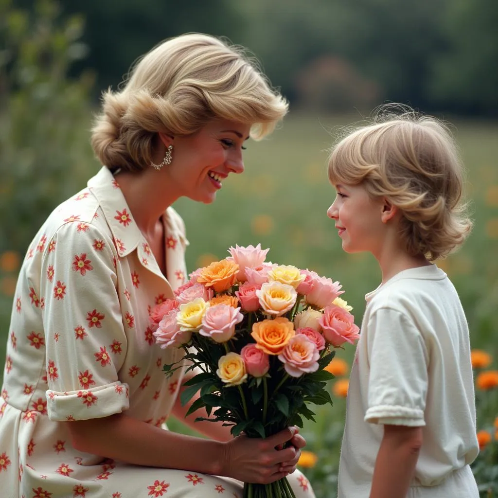 Princess Diana accepting a bouquet of flowers from a young admirer