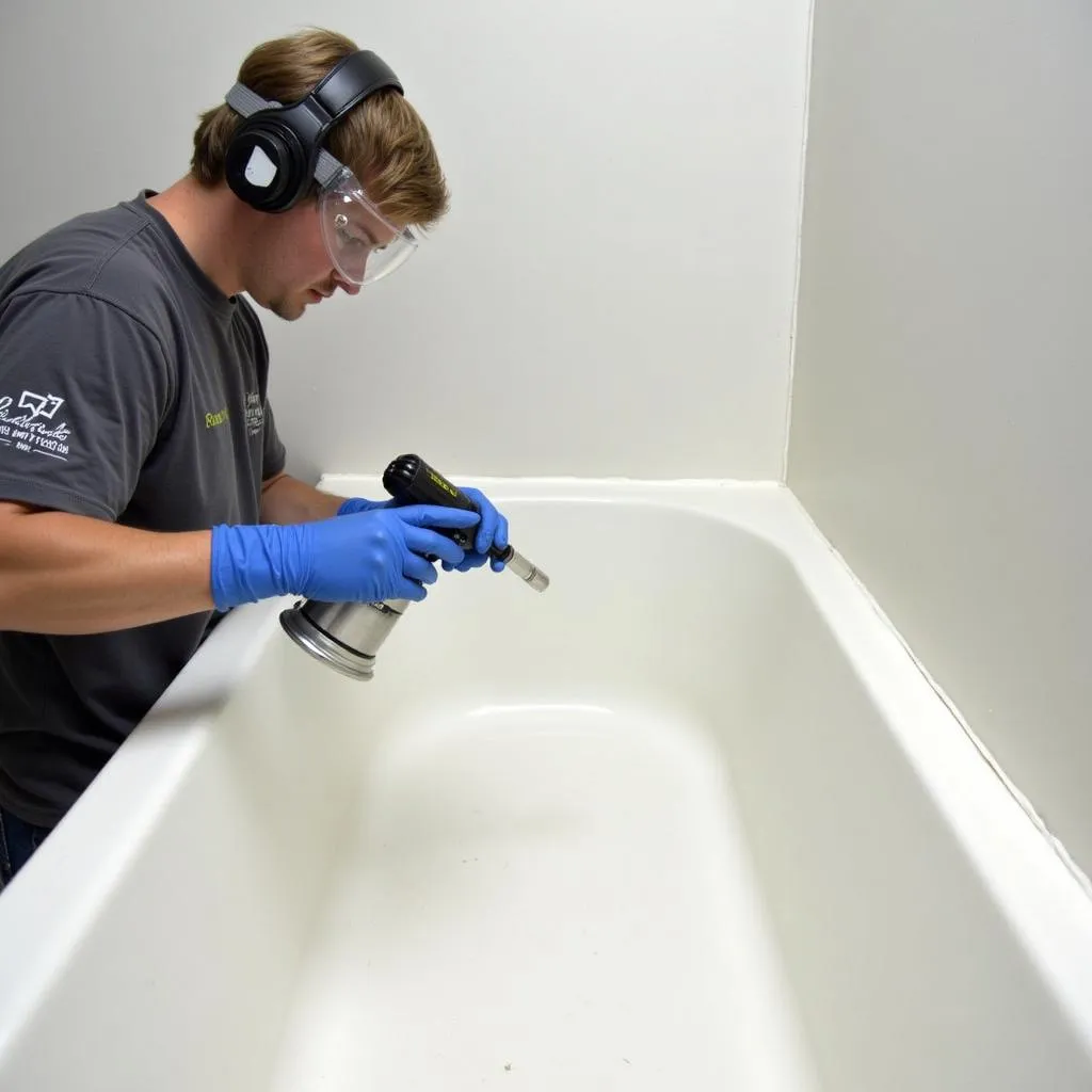 A professional refinisher is applying a fresh coat of paint to a bathtub.