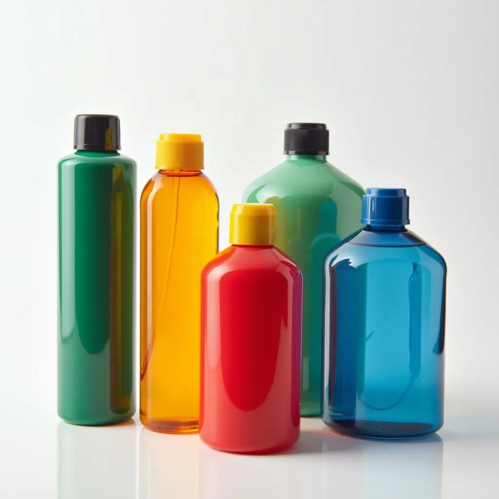 Radiator fluid bottles in various colors