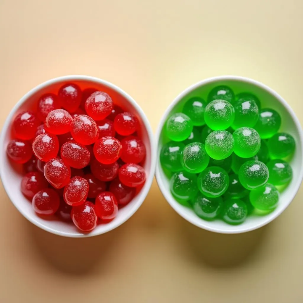 Red and green candies in separate bowls