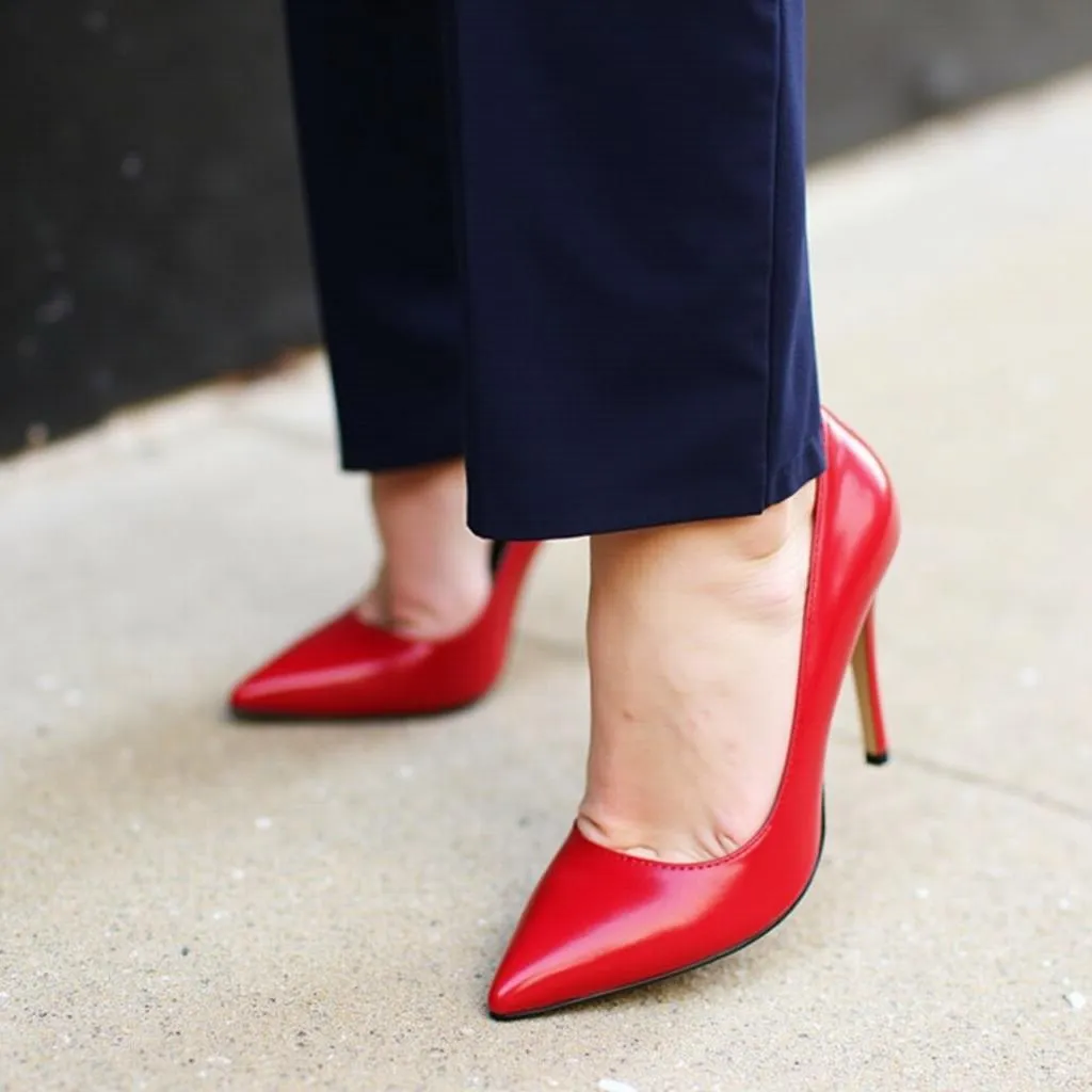 Women's red pumps with navy pants