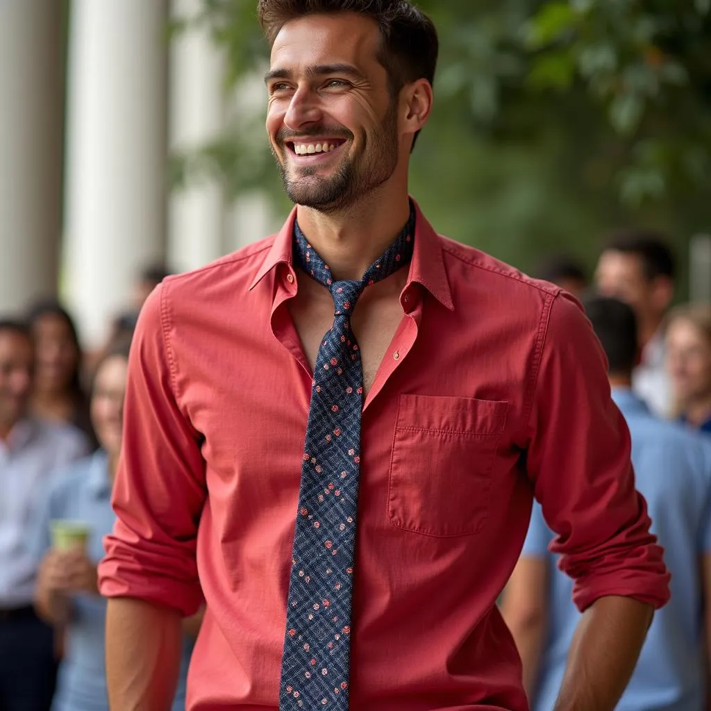 Man in a red shirt and patterned tie