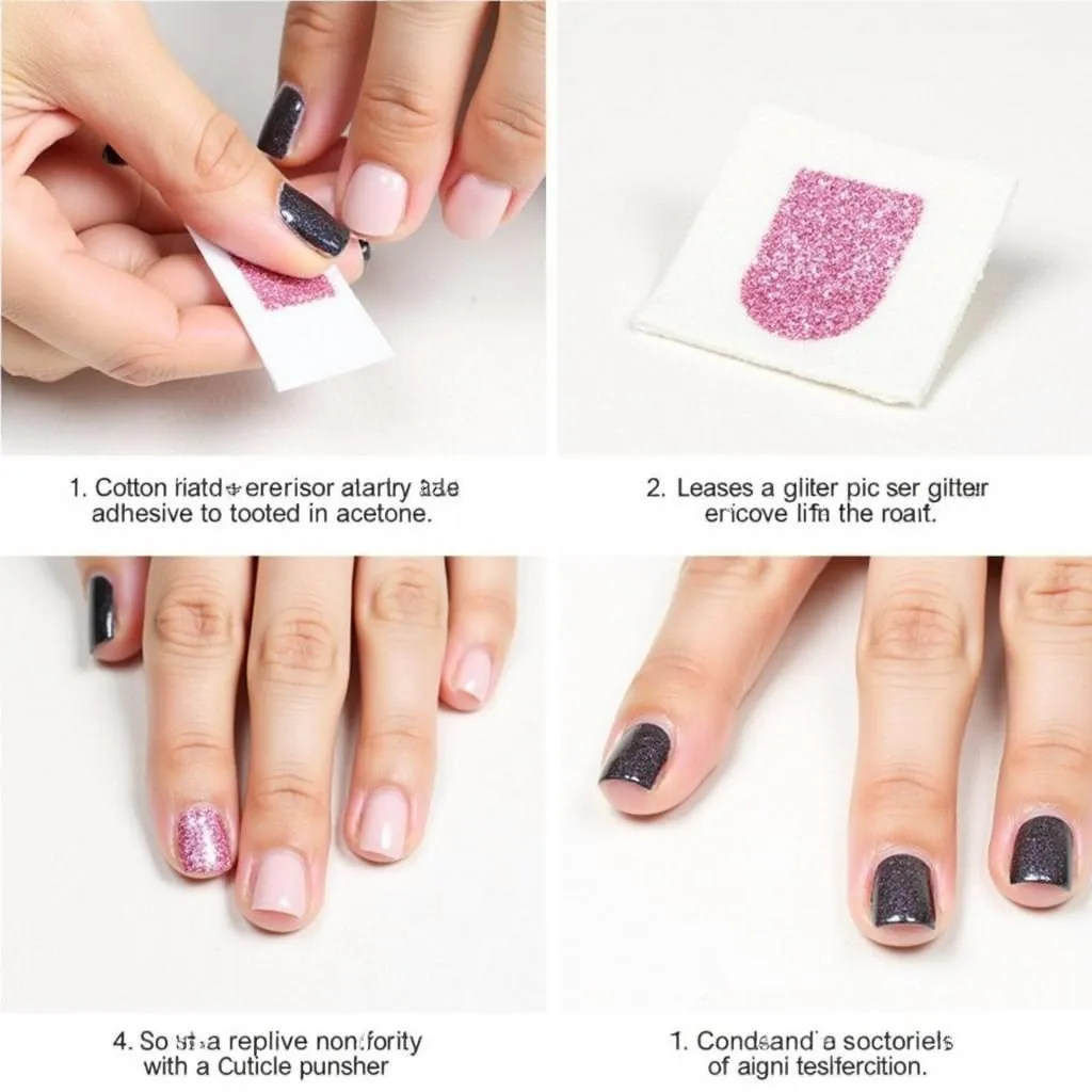 Woman Gently Removing Color Street Nail Strips Using Acetone and a Cuticle Pusher