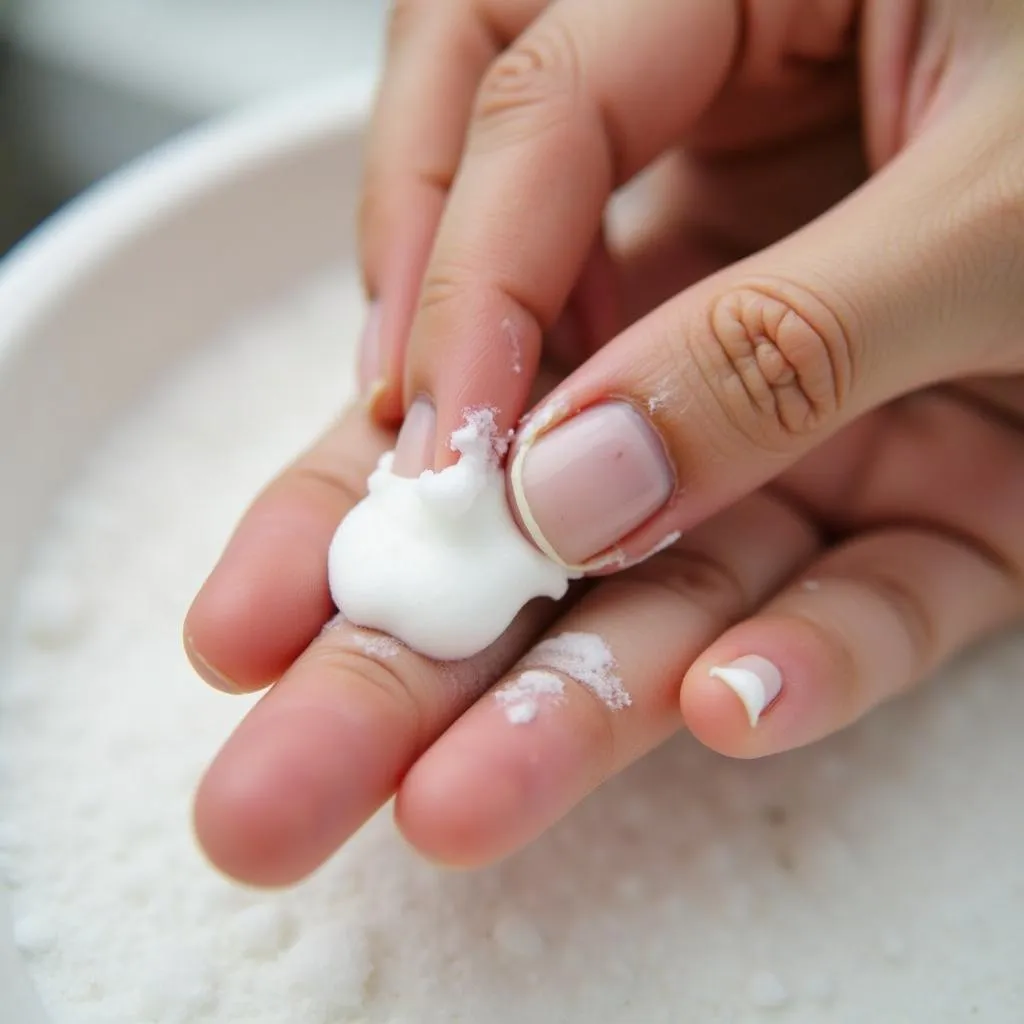 Hand using baking soda paste to remove food coloring