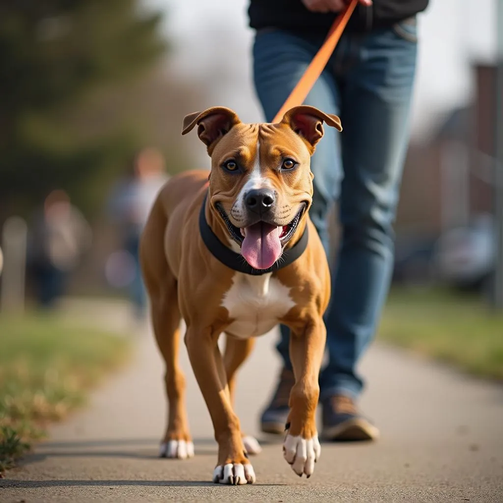 A Happy Pit Bull on a Walk with its Owner