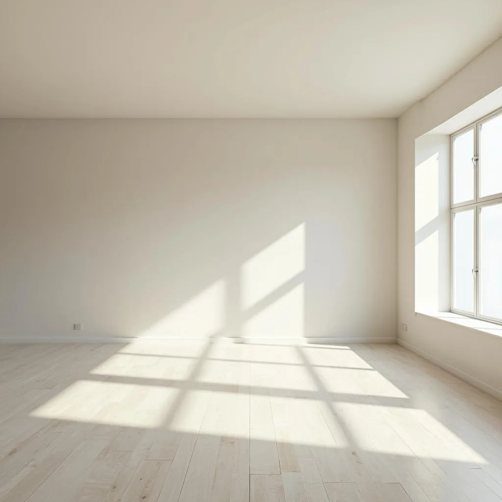 Living room with seamless ceiling and wall color in a light neutral tone