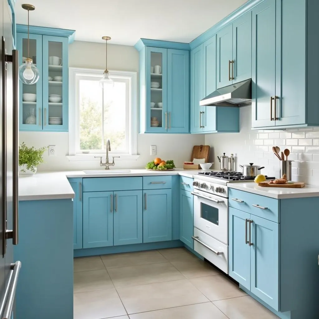 Sky blue kitchen with white cabinets