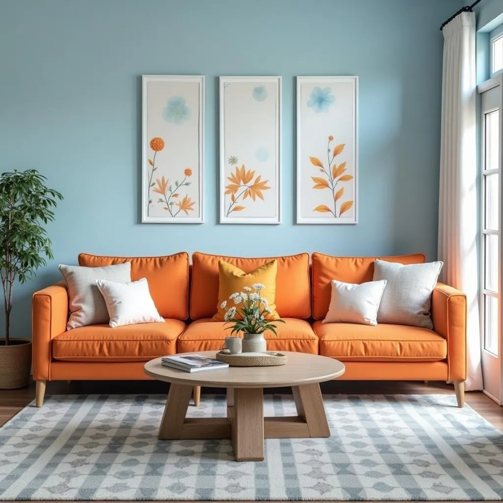 Sky blue living room with orange accent