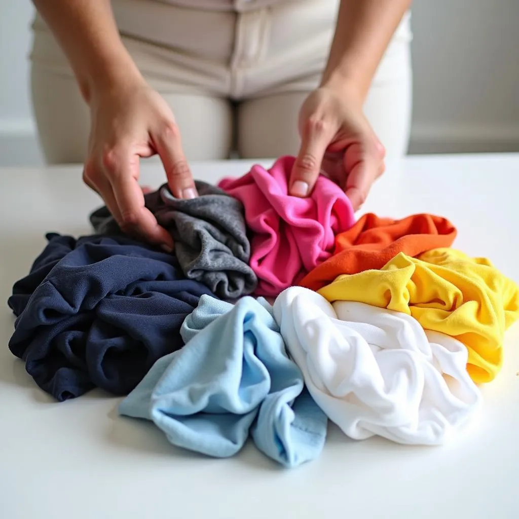 Sorting colored clothes into separate piles