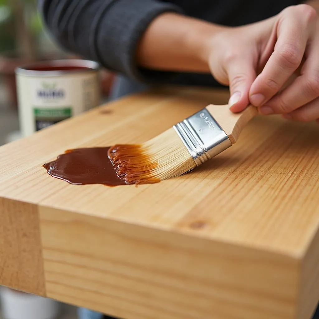 Applying wood stain with a brush