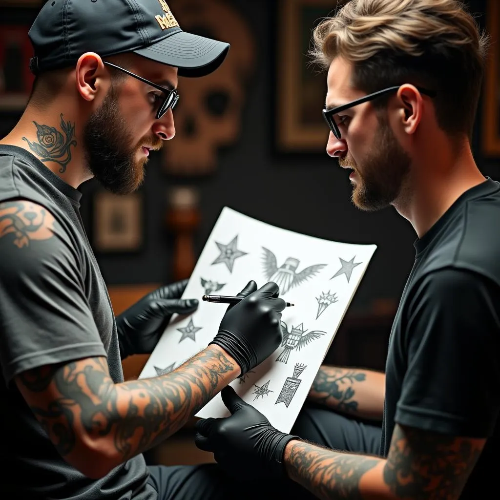 Tattoo artist consulting with a client on a cover-up