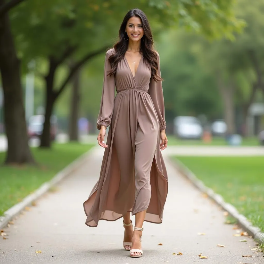 Woman in a taupe dress pairing it with nude heels