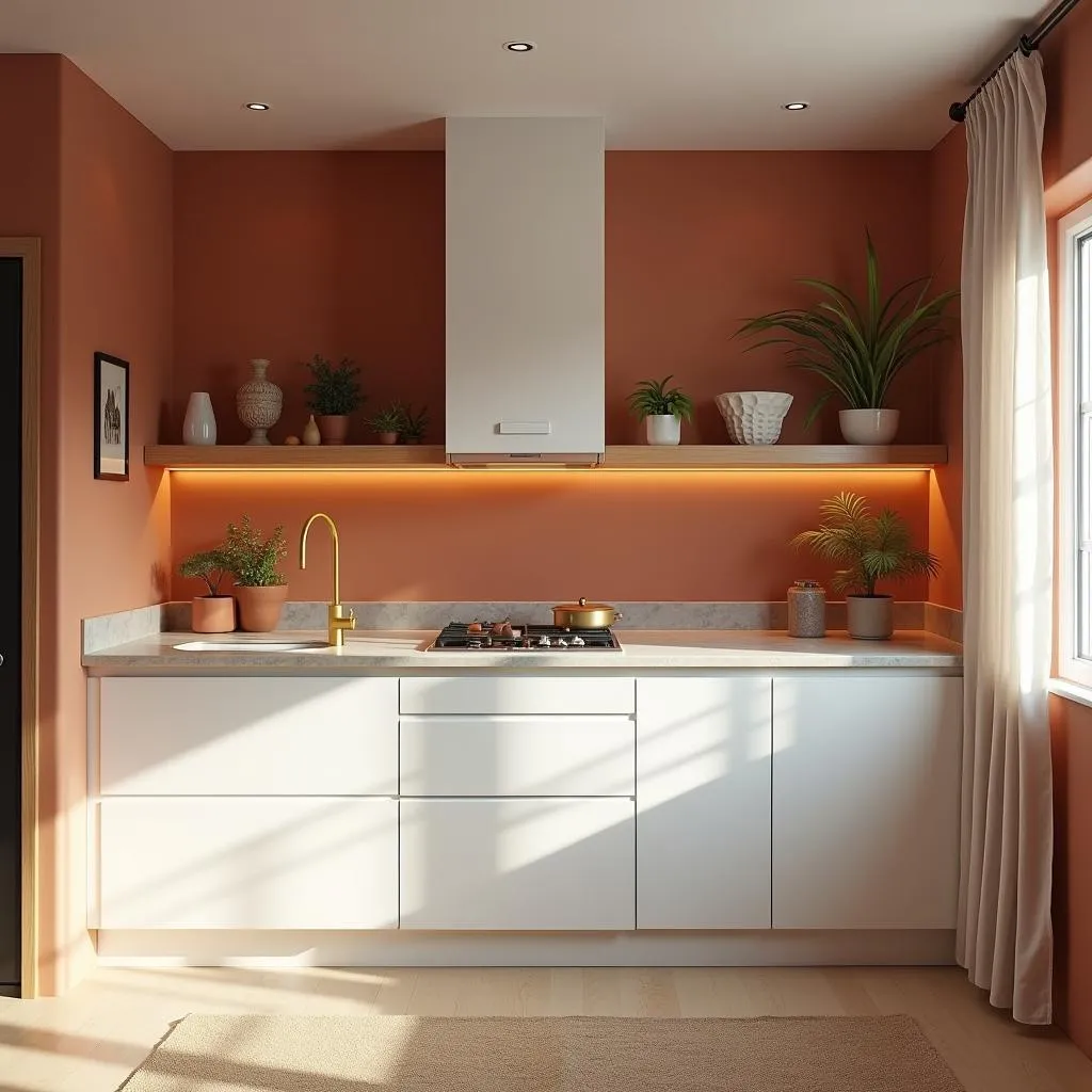 Modern Kitchen with Terracotta Walls and White Cabinets