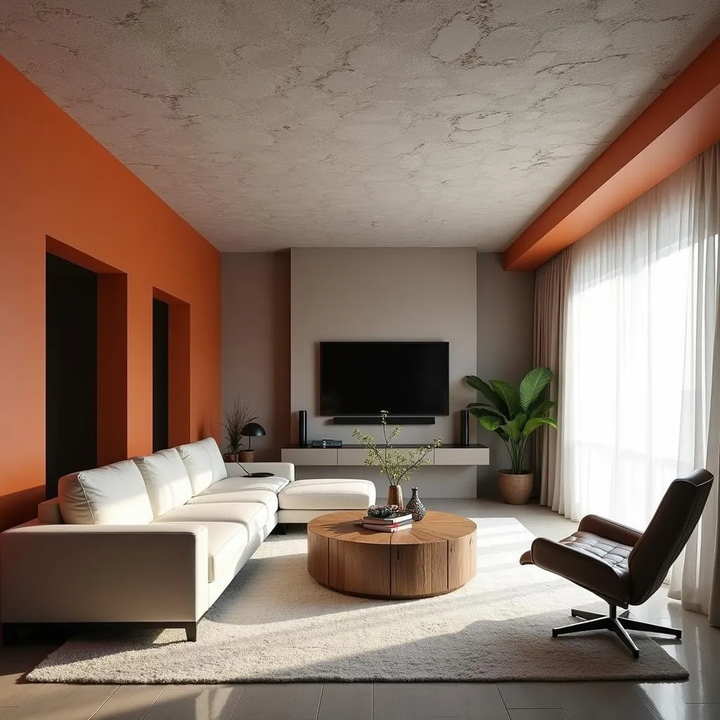 Modern living room with textured ceiling design and contrasting wall color