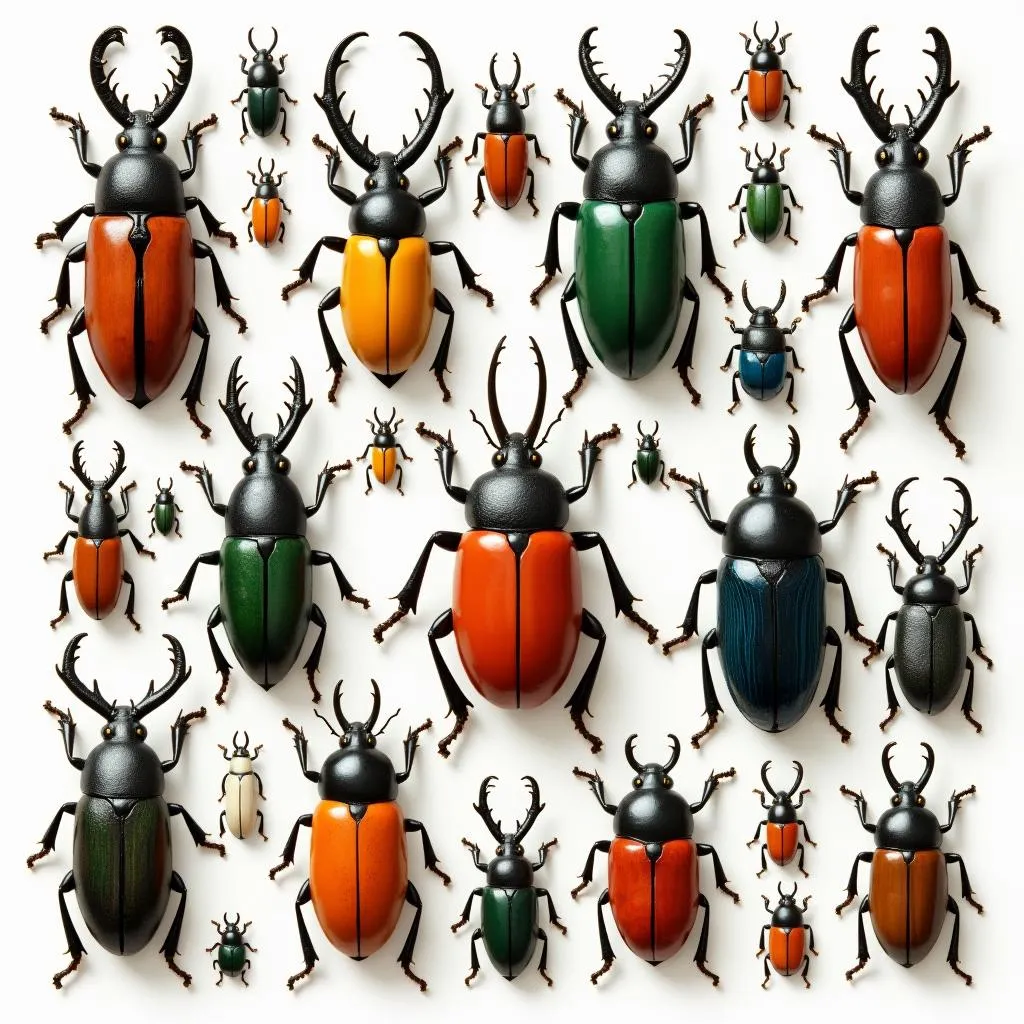 Assortment of colorful beetles displayed on a neutral background