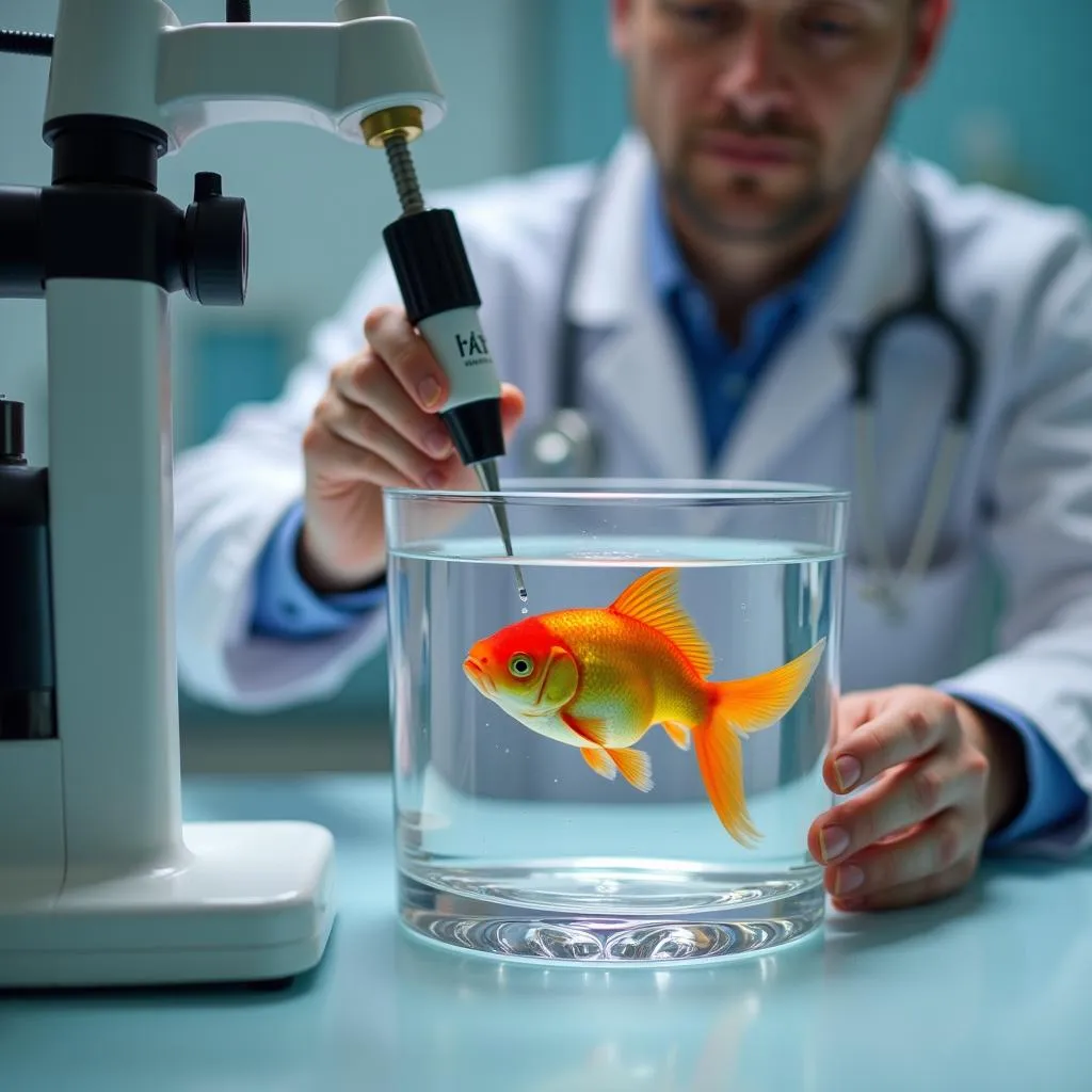 Vet checking goldfish health