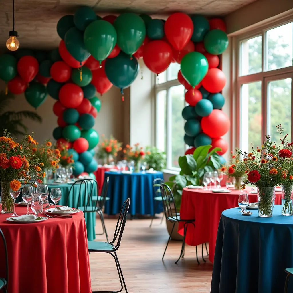 A lively birthday party scene decorated with vibrant jewel tones.