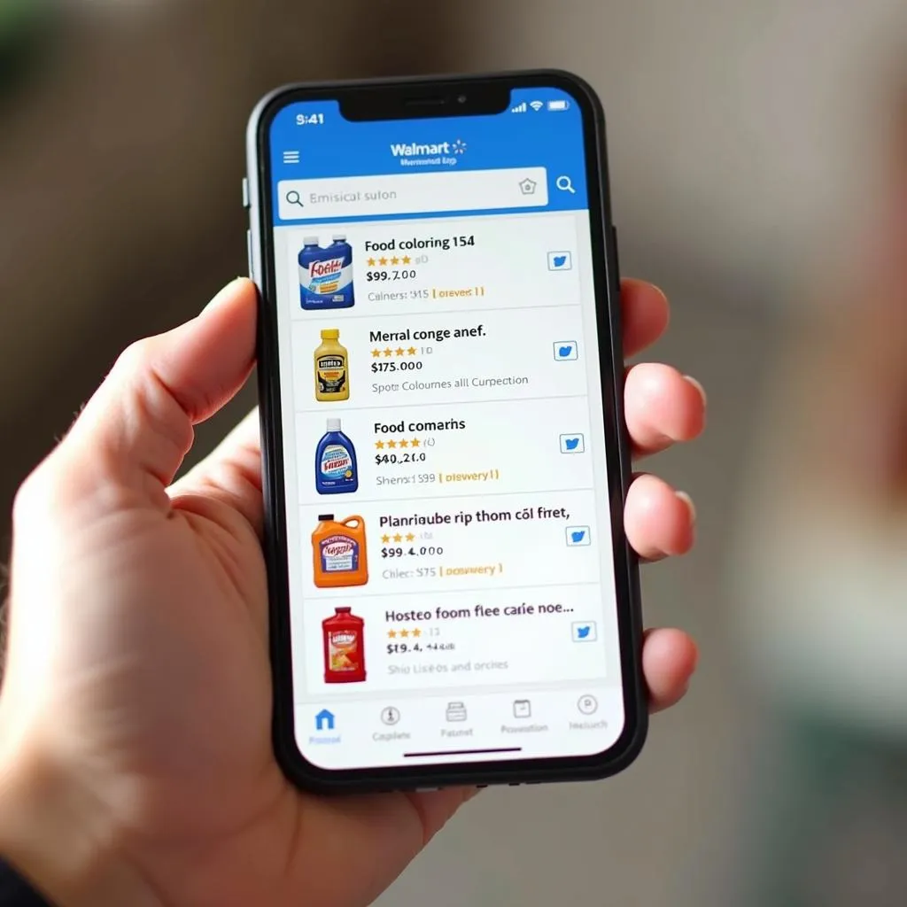 A smartphone displaying the Walmart app with various food coloring options available for online purchase.