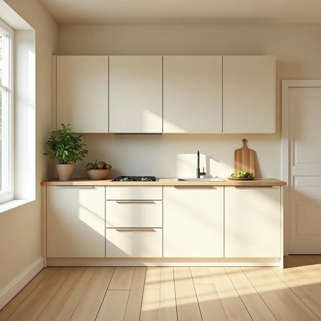 Kitchen with warm neutral walls and cream cabinets