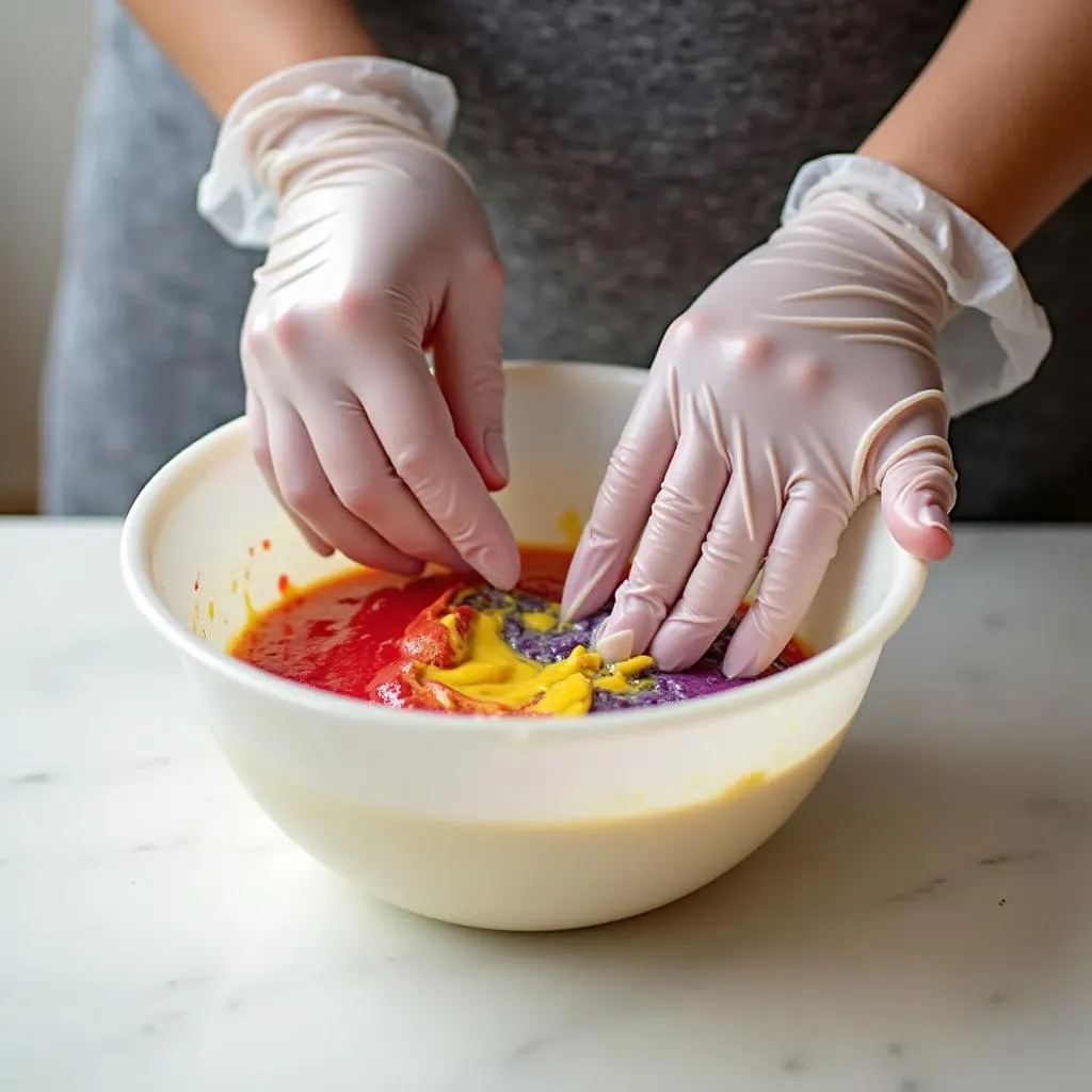  Hands wearing gloves while mixing food coloring 