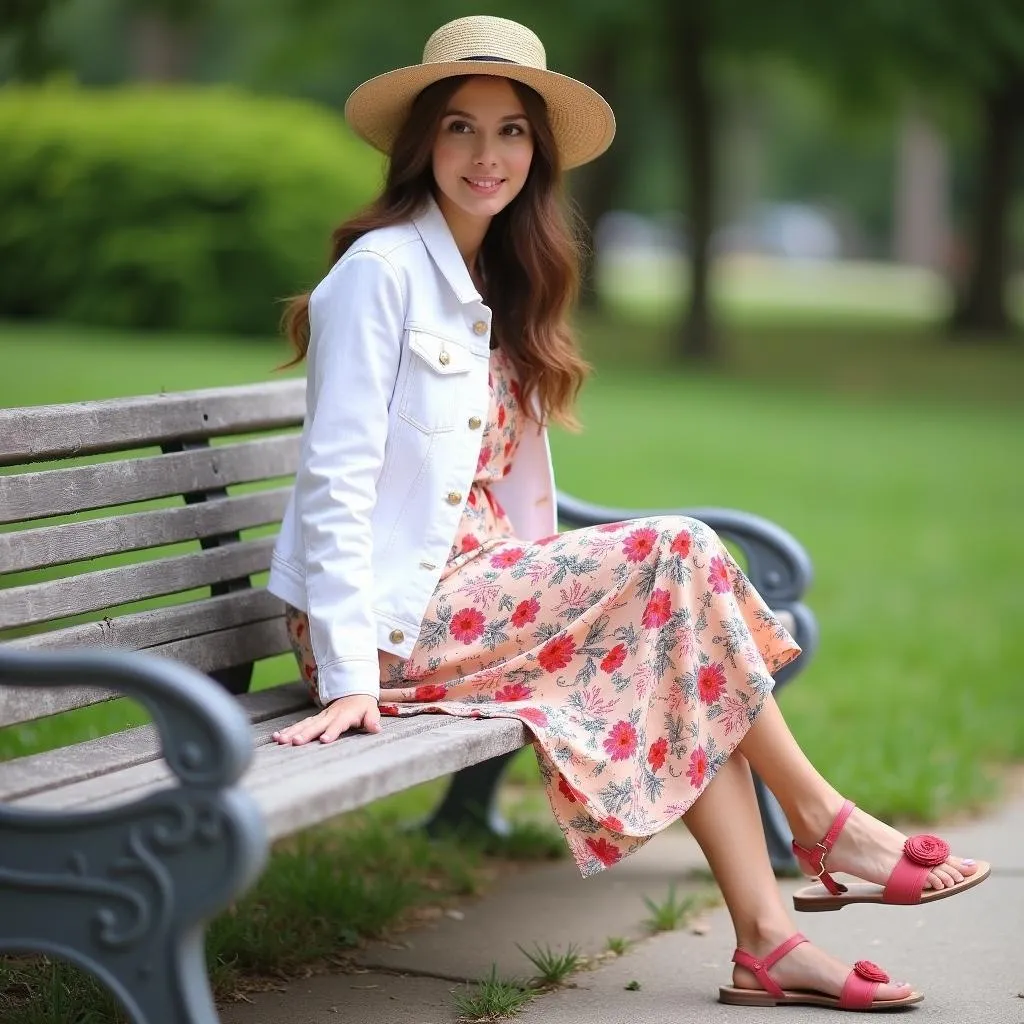 White denim jacket paired with a floral dress