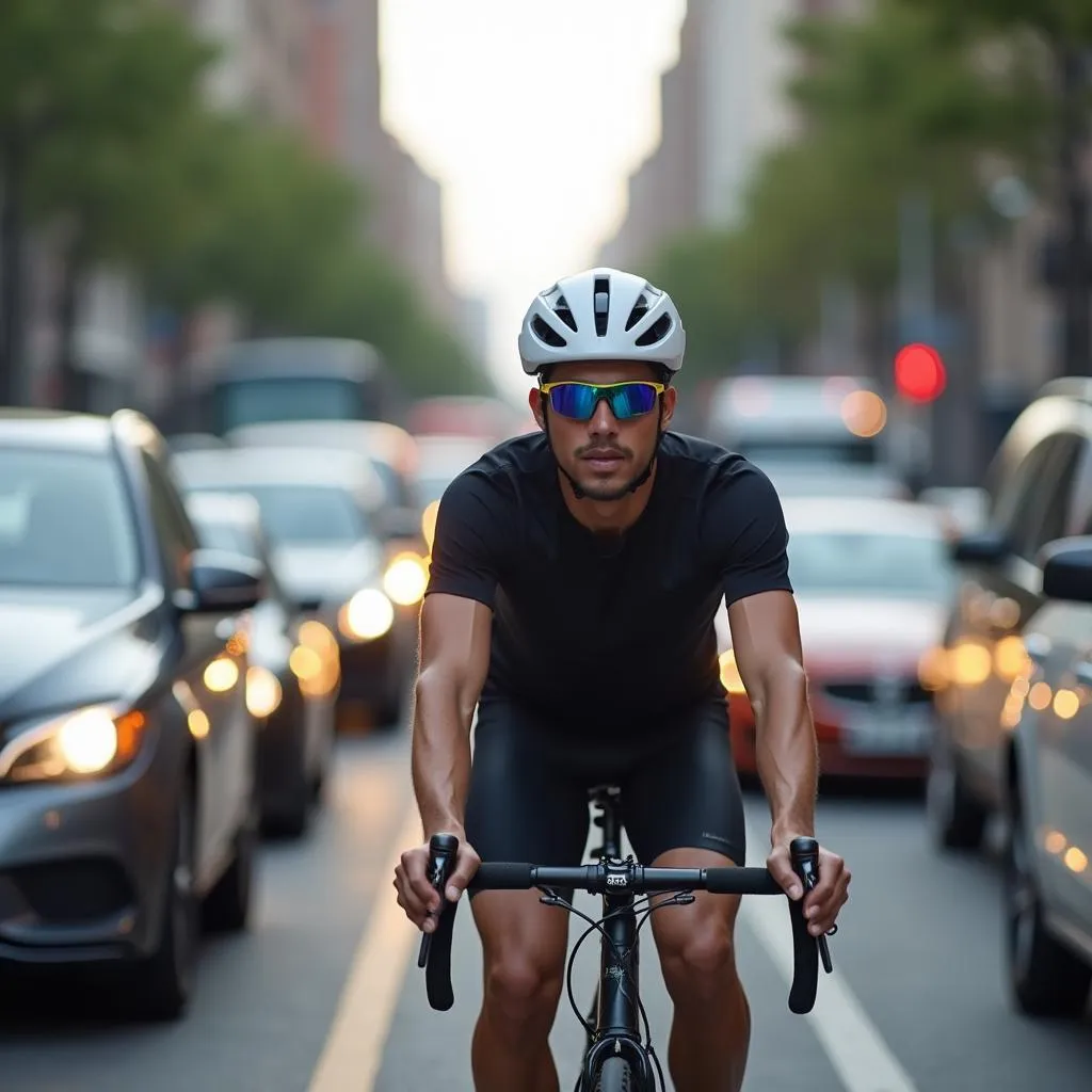 Cyclist wearing white helmet in traffic