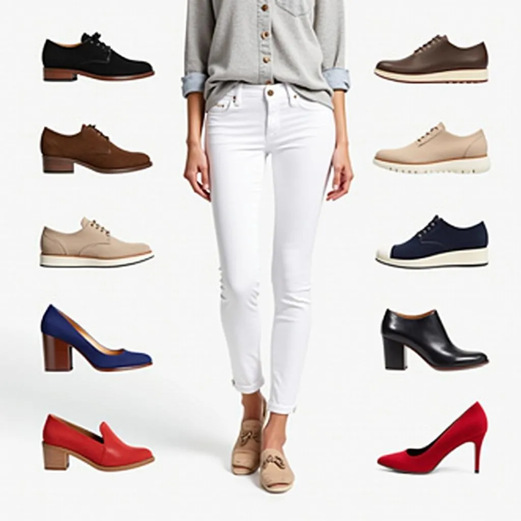 White pants styled with shoes in various colors.