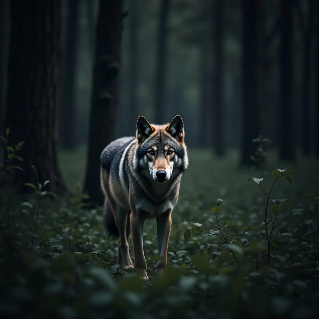 A gray wolf camouflaged in a forest