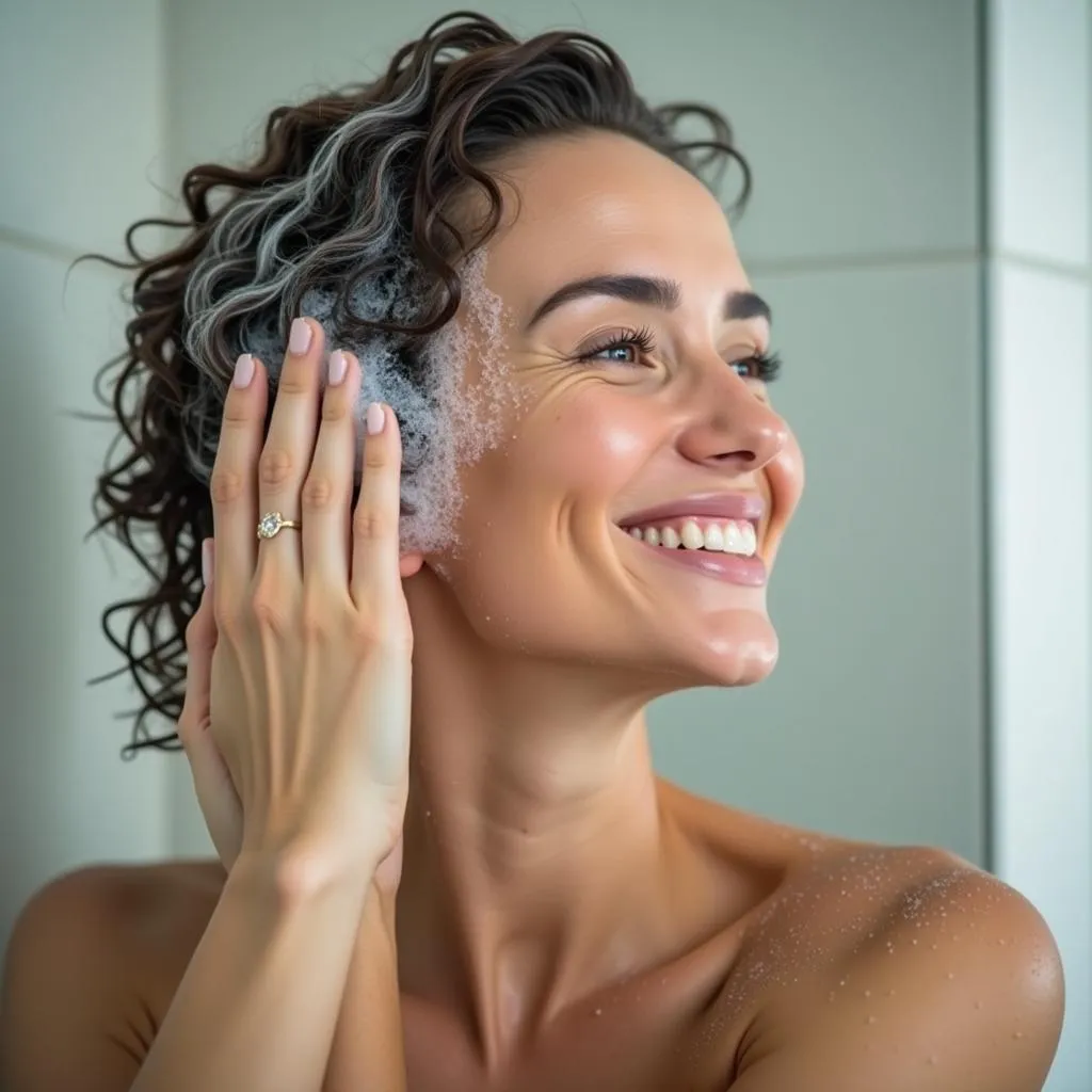 Woman Applying Color Depositing Shampoo