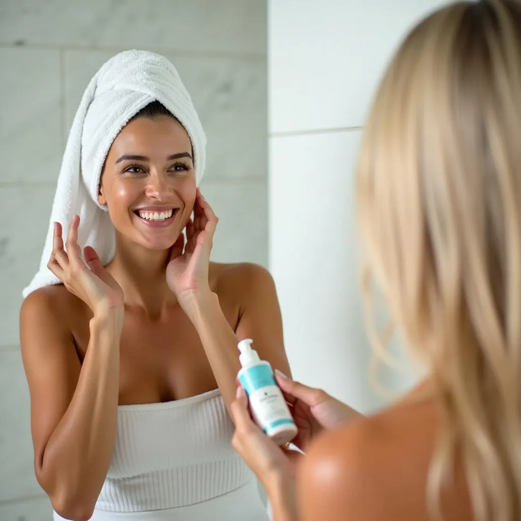 Woman applying a deep conditioning hair mask in her bathroom