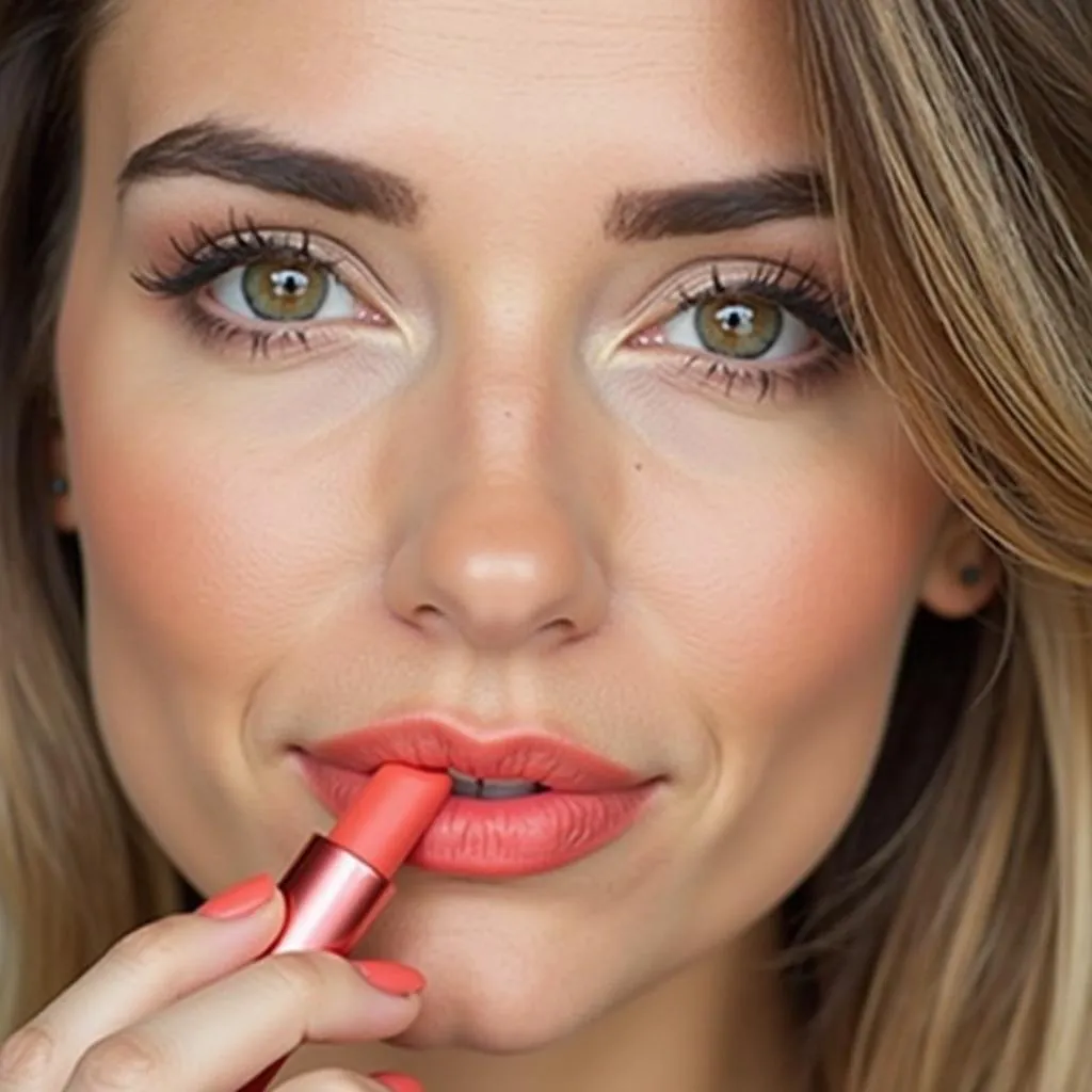 Woman with Warm Undertone Applying Coral Lipstick