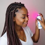 Woman applying temporary hair color spray to her braids