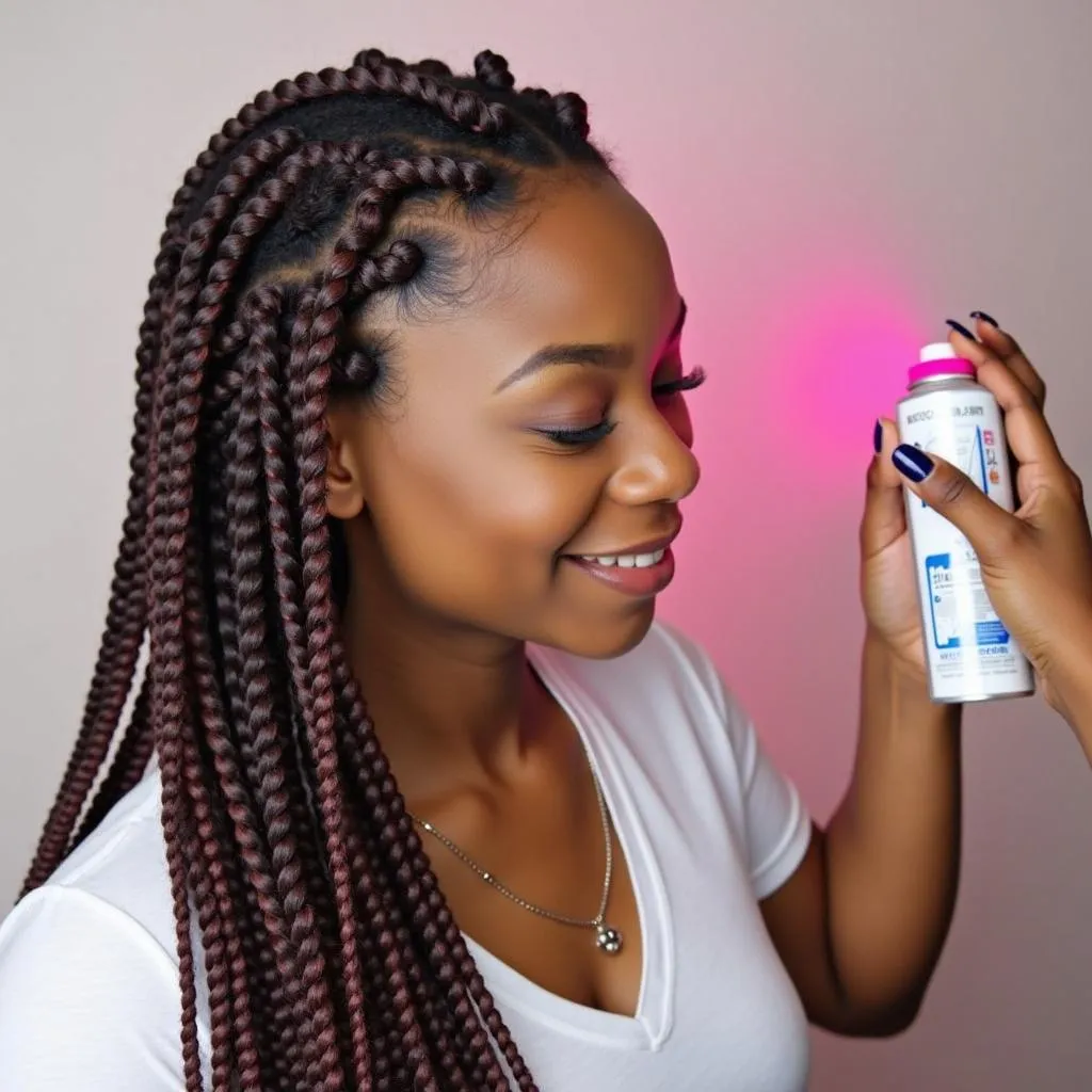 Woman applying temporary hair color spray to her braids