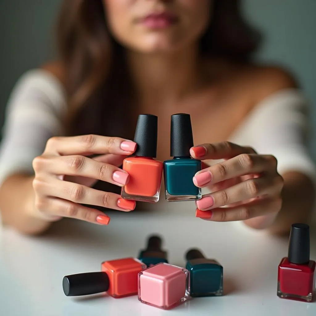 Woman deciding between different nail polish shades