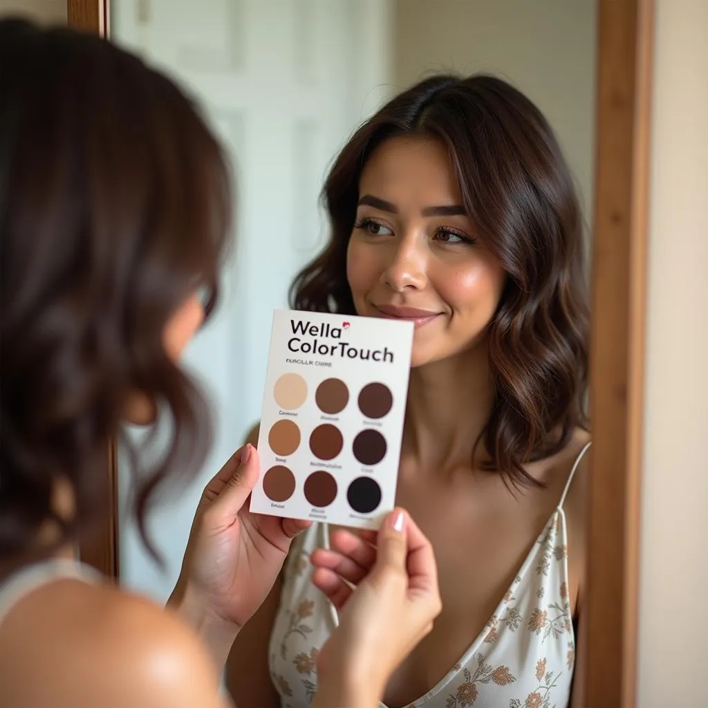 A woman carefully examines a Wella Color Touch color chart