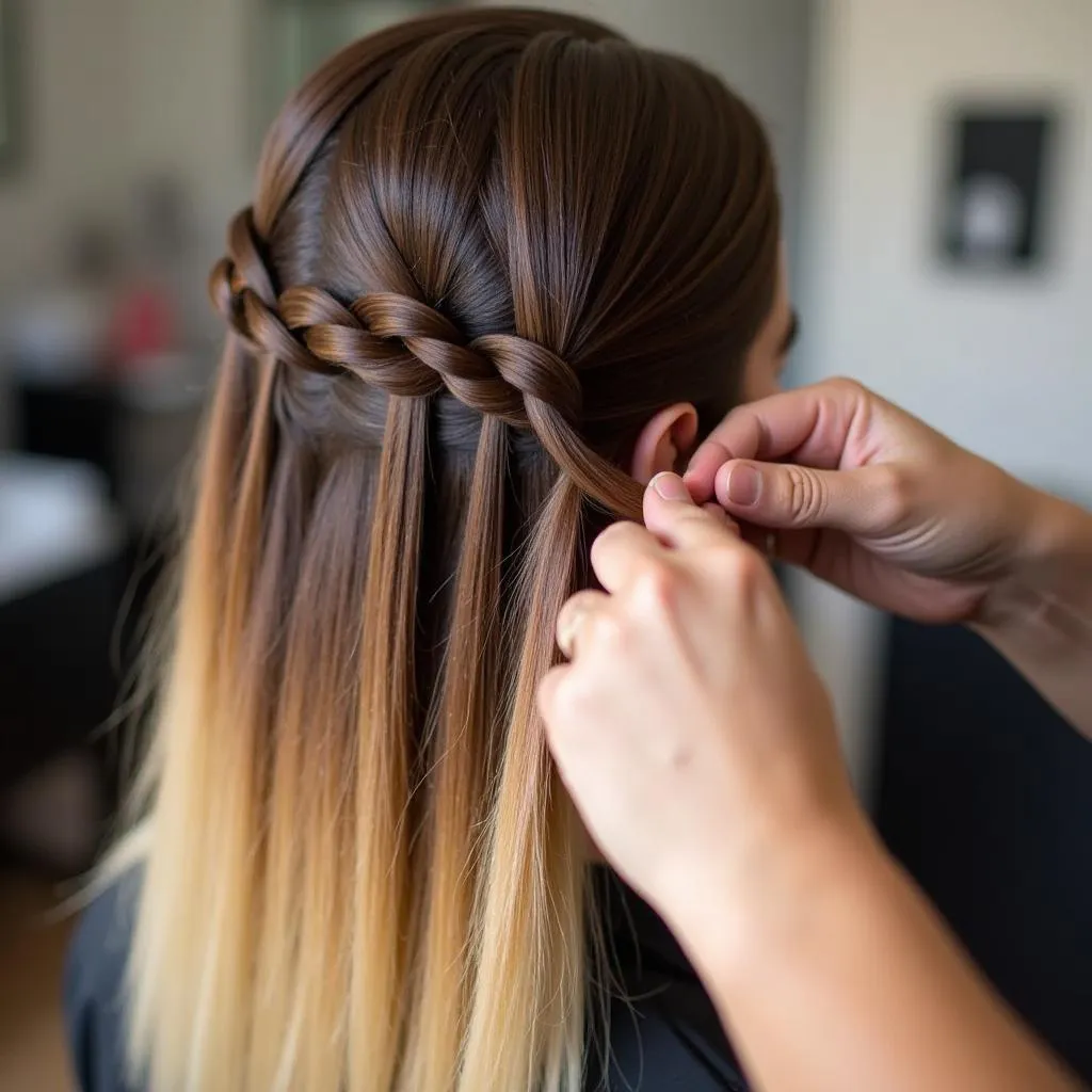 Hair stylist creating ombre braids on a client