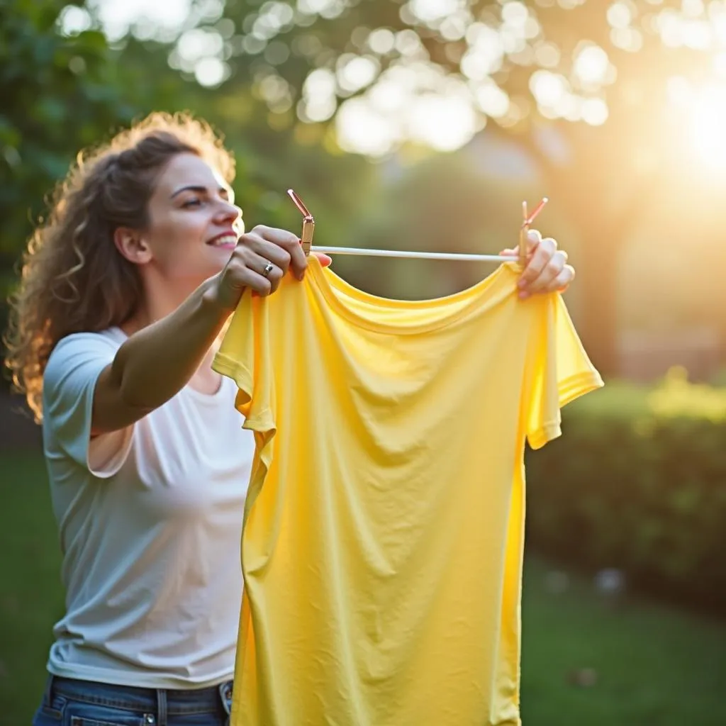 A woman hangs laundry to dry on a clothesline